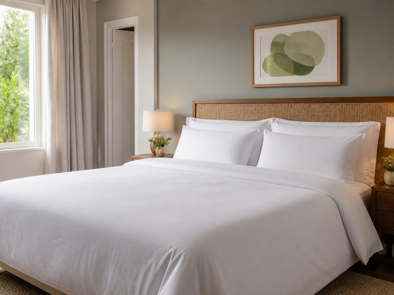 Bed freshly made with crisp white linens during an Airbnb turnover cleaning