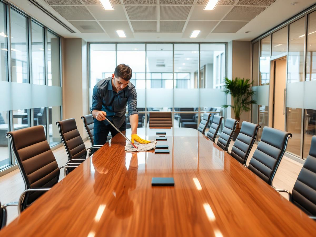 Cleaner wiping down a conference room table in a commercial space