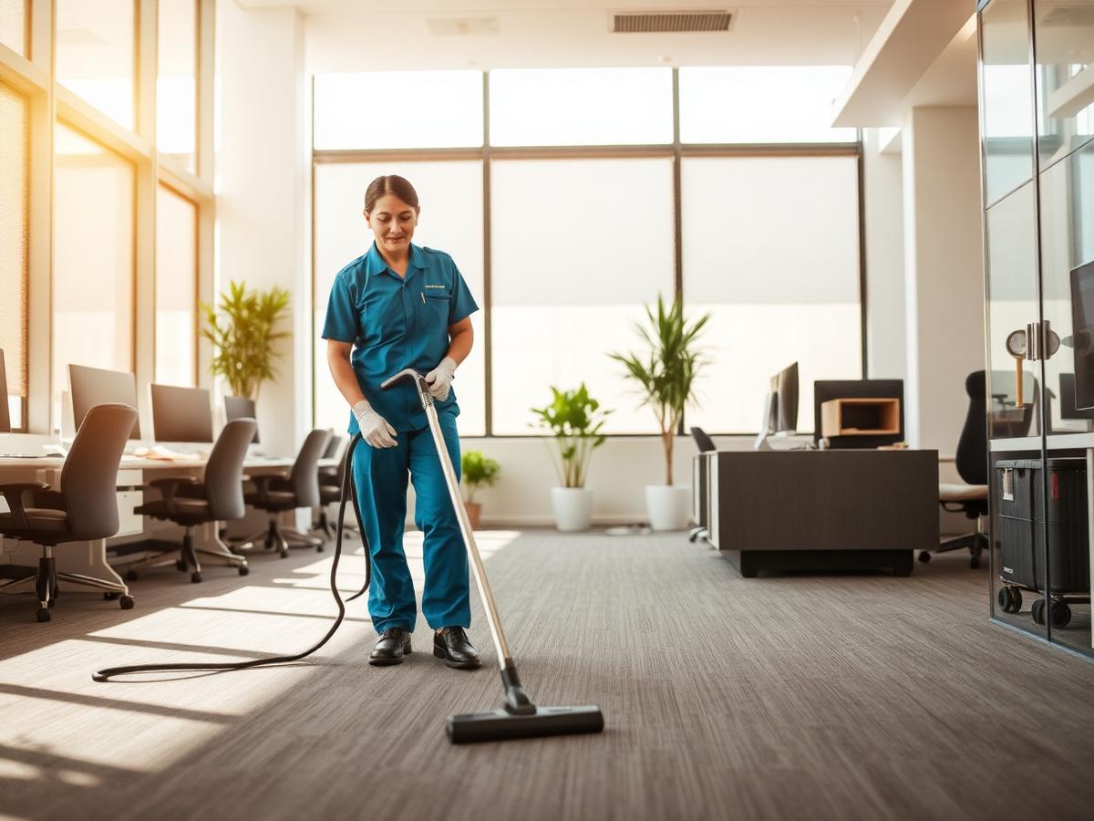 Professional cleaner vacuuming carpet in a commercial office
