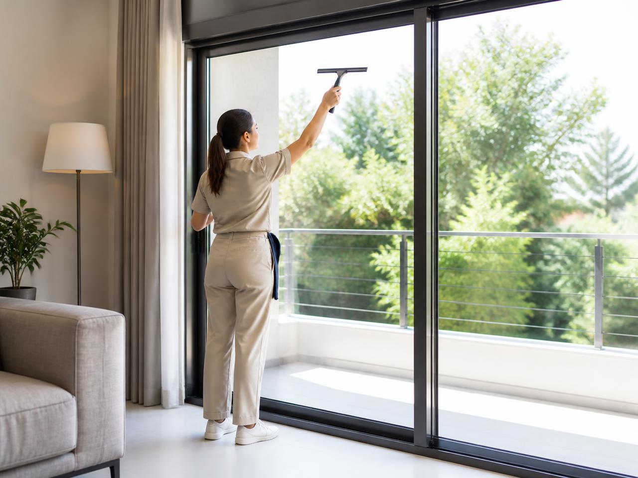 Cleaner squeegeeing a large sliding glass door in a bright modern living room